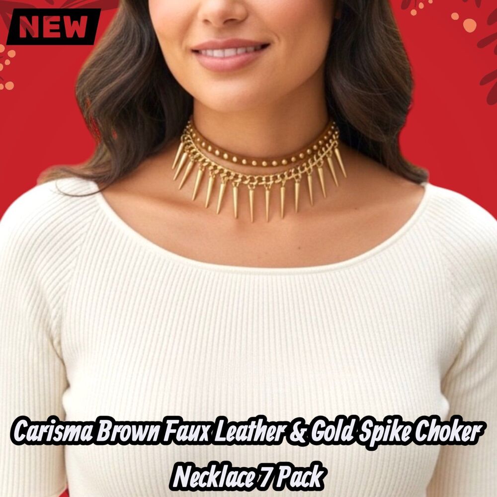 New Carisma Brown Faux Leather & Gold Spike Choker Necklace 7 Pack Adjustable
